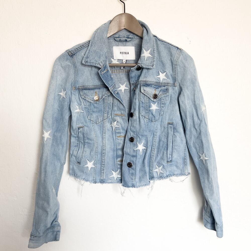 pistola Light Blue Star-Print Cropped Denim Jacket